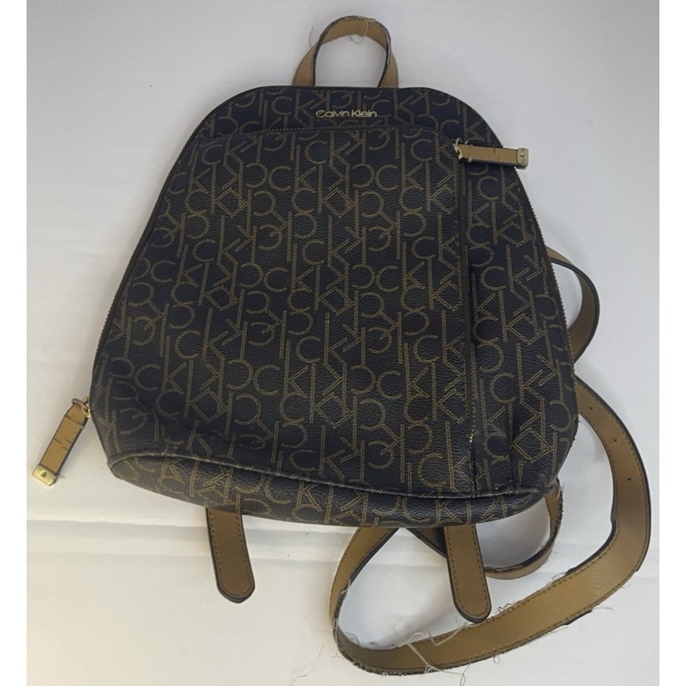 Calvin Klein CK Monogram Backpack Womens Medium Brown Faux Leather Gold Hardware
